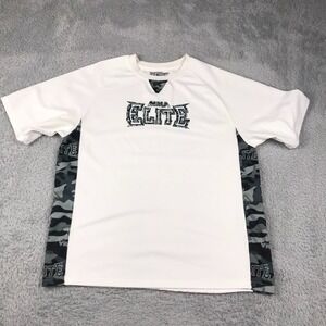 MMA Elite Shirt Mens M White Gray Camo Side Stripe Spellout Short Sleeve
